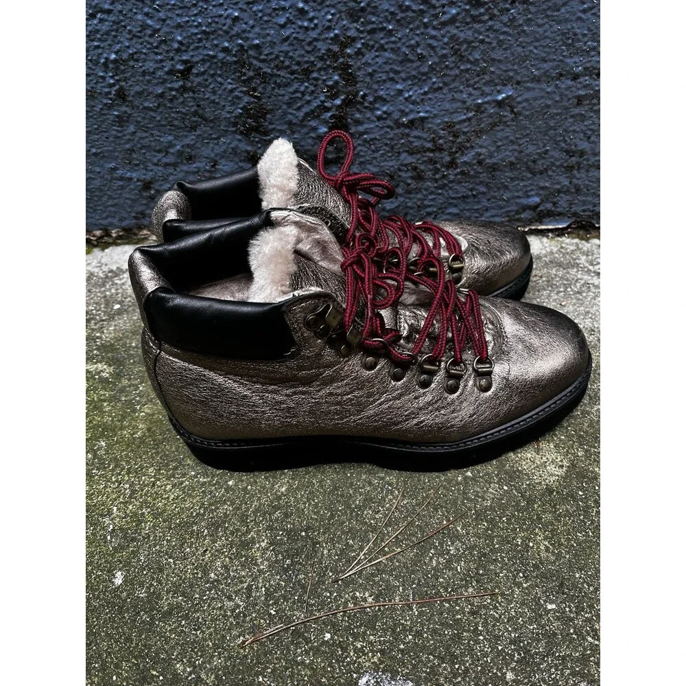 Boemos Italian Shearling Leather Boots Sz 7.5 Lace Up Metallic Grunge Festival